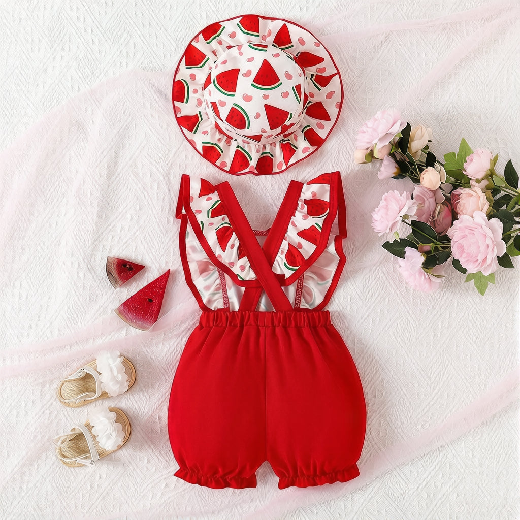 2PCS Cute Strawberry Print Flounce Sleeve Baby Girl Jumpsuit