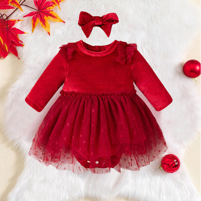 2PCS Christmas Solid Color Mesh Decor Baby Romper