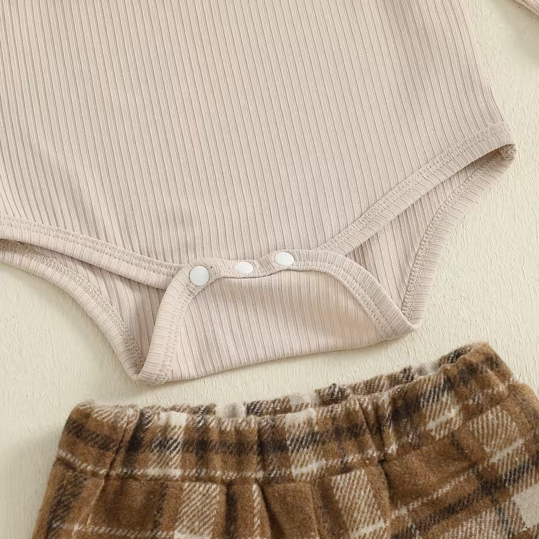 3PCS Pretty Plaid Print Lace Trim Long Sleeve Baby Girl Set