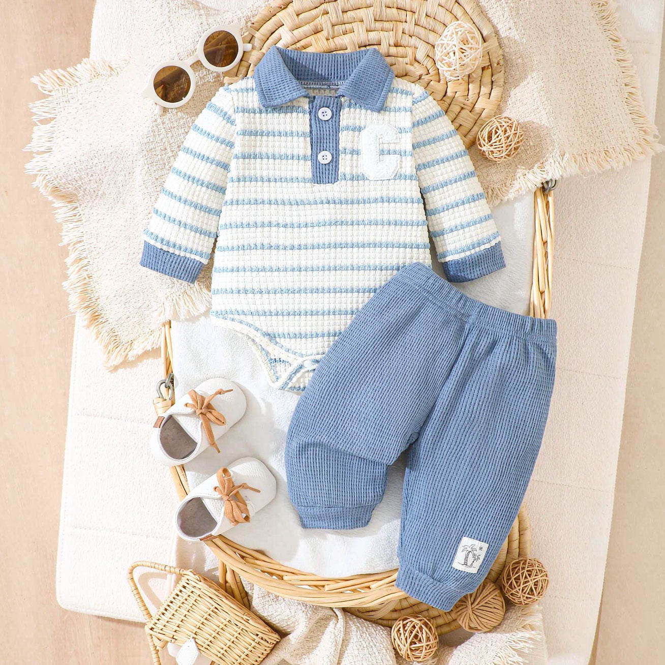2PCS Casual Stripe Printed Waffle Knit Long Sleeve Baby Set