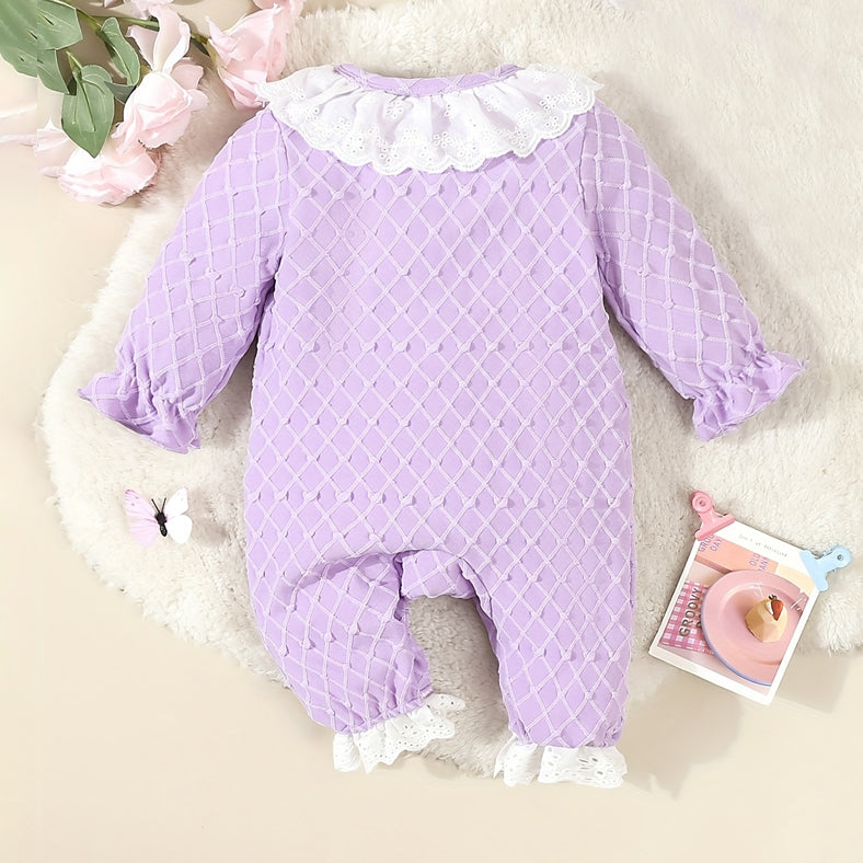 Cute Embroidery Ruffle Decor Textured Long Sleeve Baby Jumpsuit