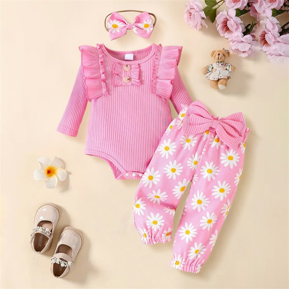 3PCS Floral Print Ruffle Long Sleeve Baby Set