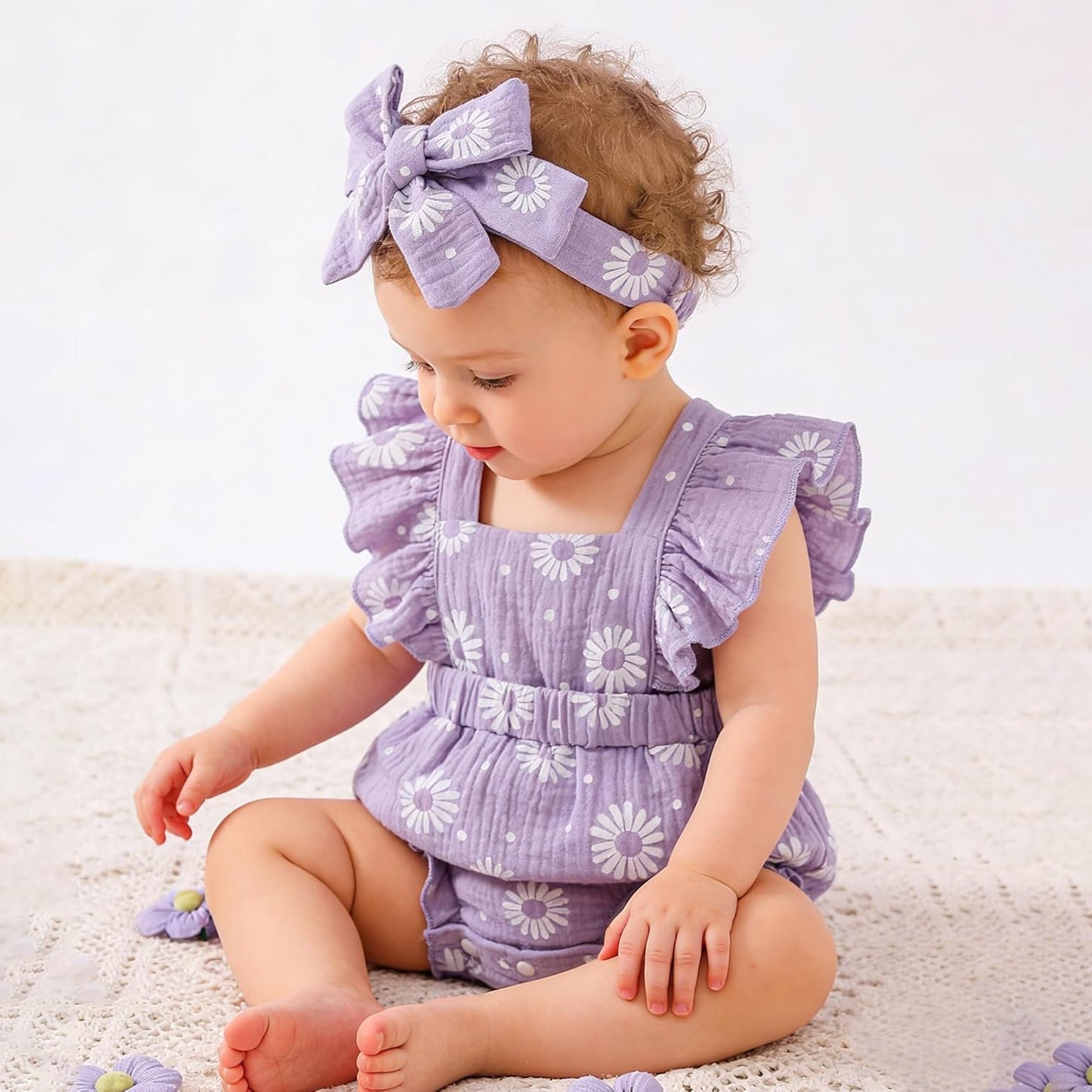 2PCS Grace Daisy Print Flounce Sleeve Baby Romper