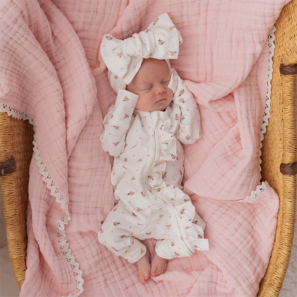 2PCS Cute Ladybug Print Ruffle Long Sleeve Baby Jumpsuit