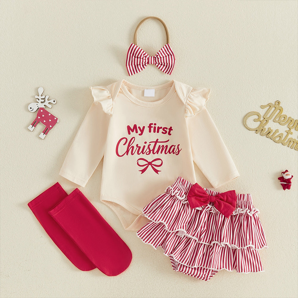 4PCS My First Christmas Letter Bow Stripe Print Baby Set