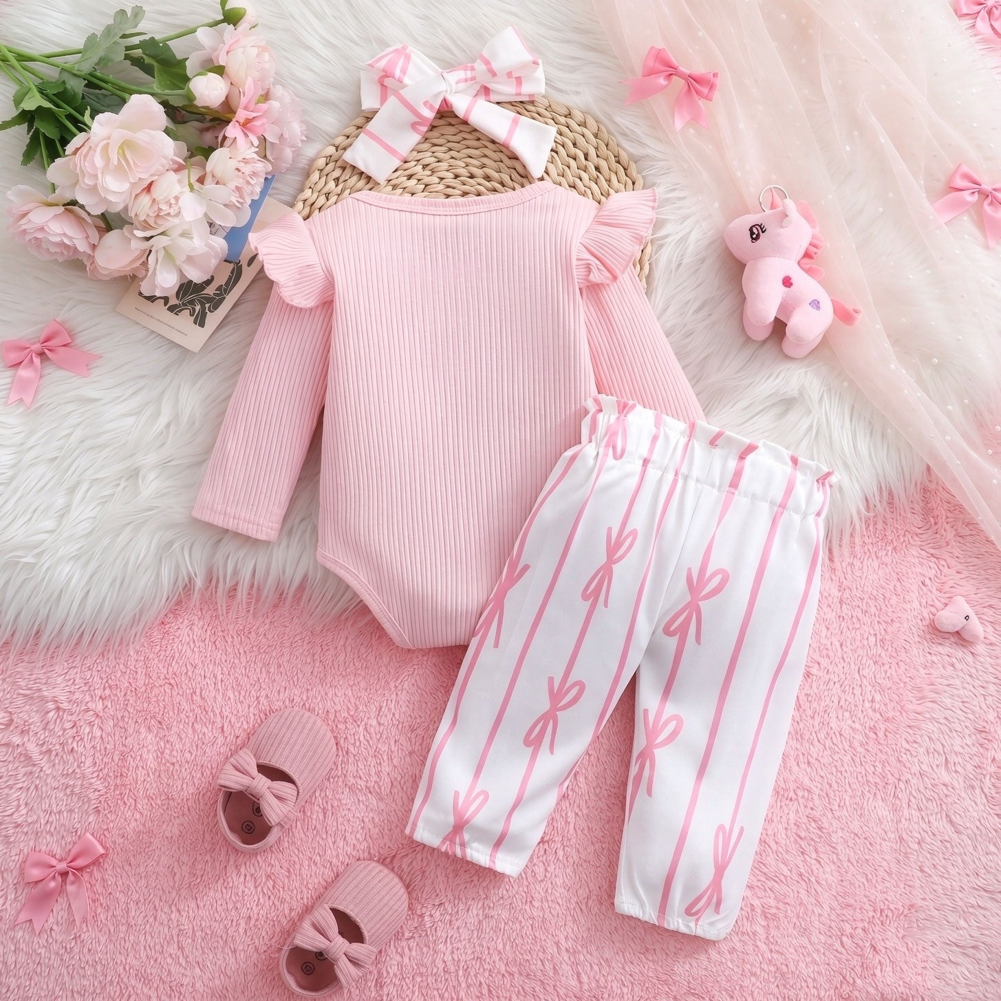3PCS Bubbly Bow Stripe Print Long Sleeve Baby Set