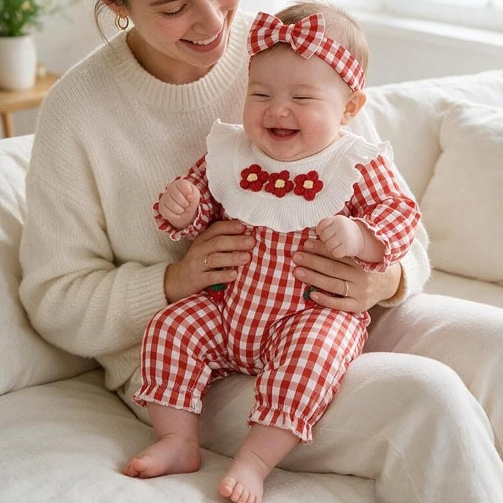 2PCS Vibrant Floral Strawberry Applique Plaid Print Long Sleeve Baby Jumpsuit