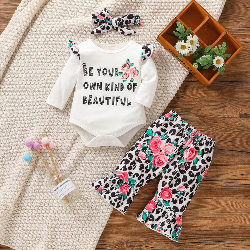 3PCS Be Your Own Kind Of Beautiful Letter Floral Print Baby Set