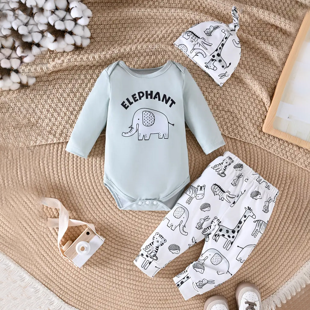 3PCS Cute Cartoon Elephant Letter Print Baby Set