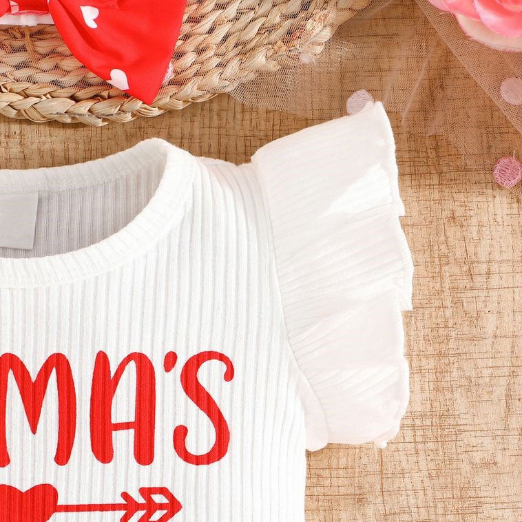 3PCS Mama's Girl Letter Heart Printed Flutter Sleeve Baby Set