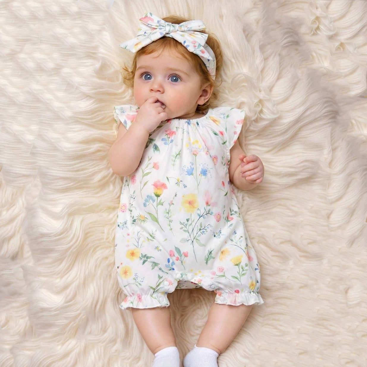 2PCS Fresh Floral & Plant Printed Short Sleeve Baby Jumpsuit