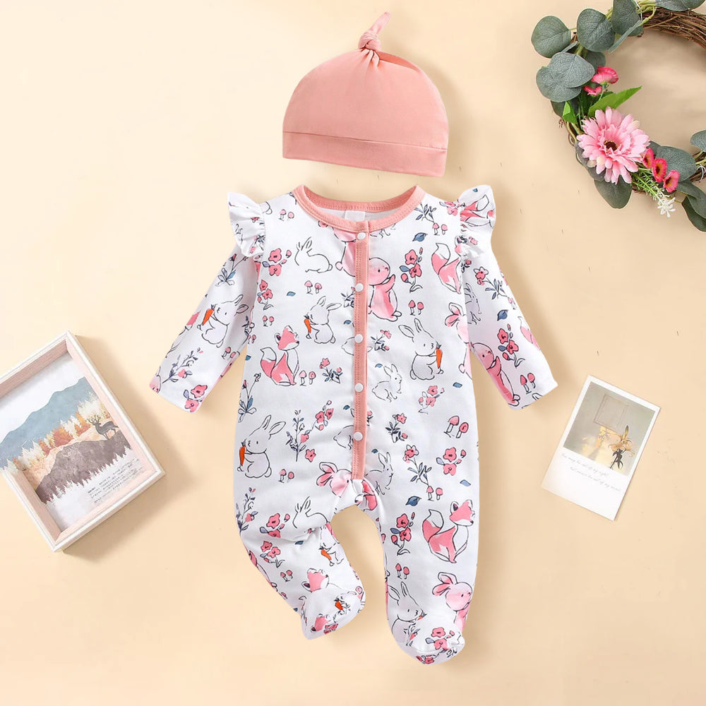 2PCS Lovely Animal Print Long Sleeve Baby Girl Jumpsuit