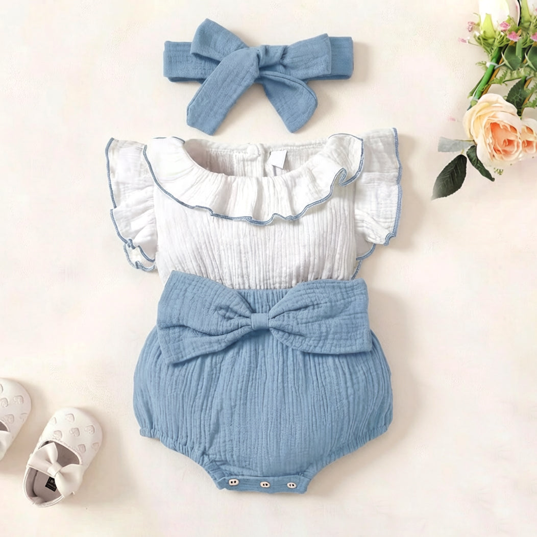 2PCS Sweet Color Blocking Bow Flutter Sleeve Baby Romper