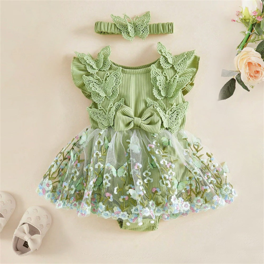 2PCS Summer Butterfly Decor Tulle Skirt Baby Romper