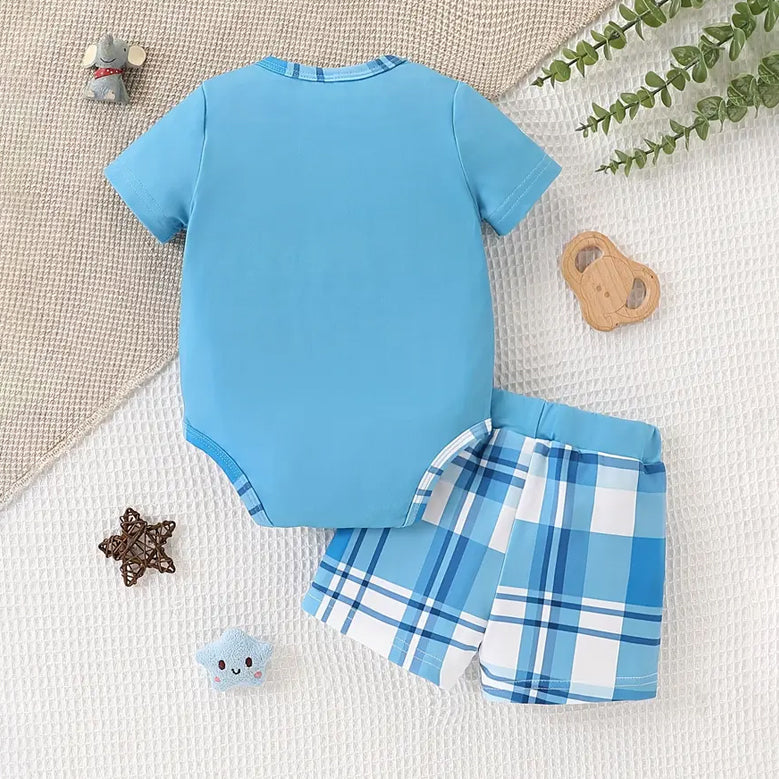2PCS Grandma's Peanut Letter Elephant Plaid Printed Baby Set