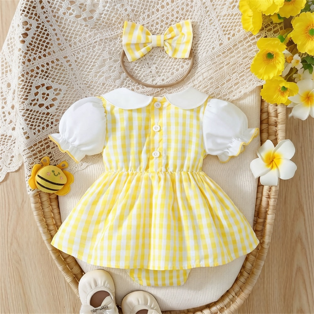 2PCS Cute Bee Embroidery Short Sleeve Baby Romper