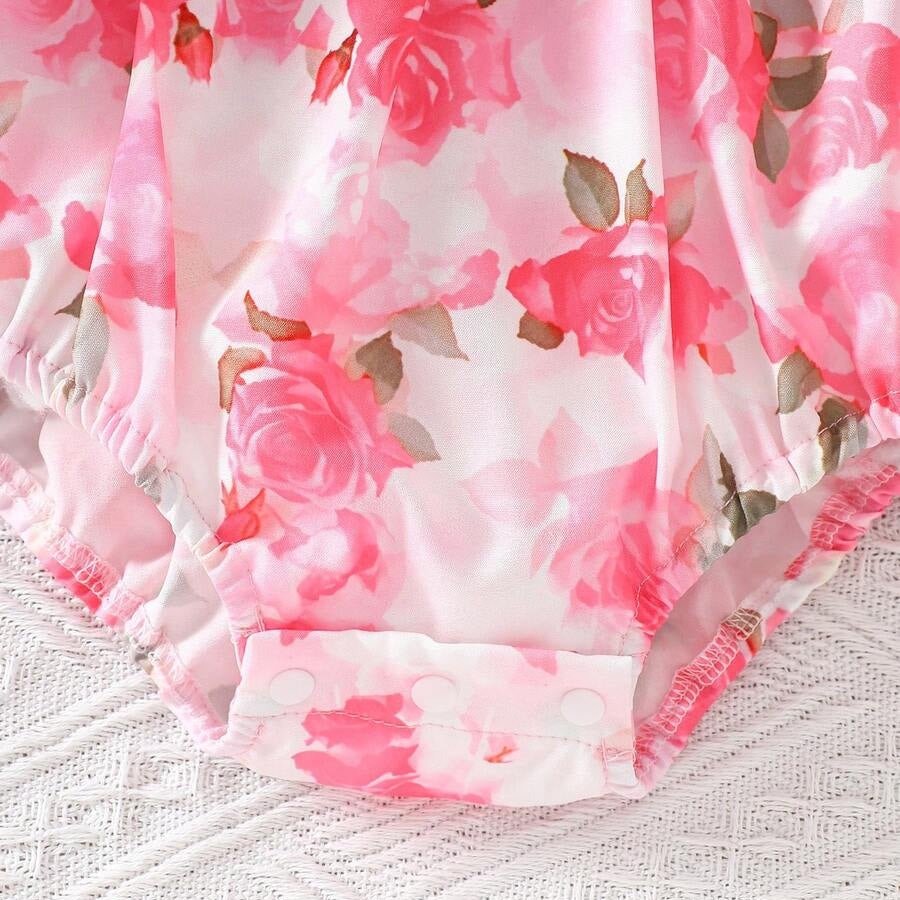2PCS Vibrant Floral Print Bow Short Sleeve Baby Romper