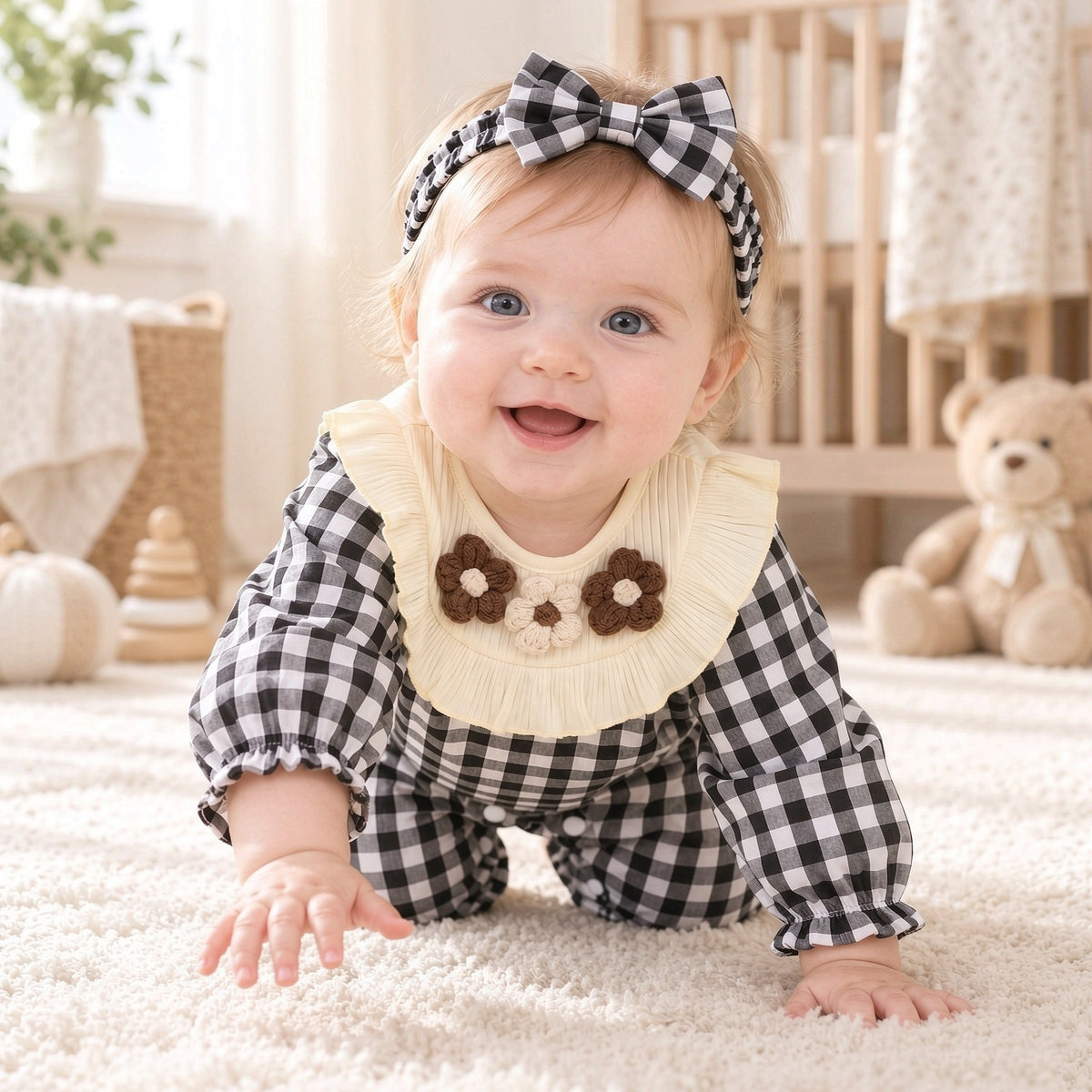 2PCS Chic Floral Applique Plaid Print Long Sleeve Baby Girl Jumpsuit