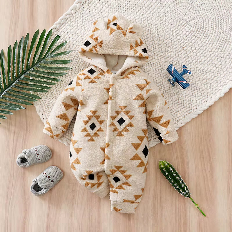 Warm Plush Long Sleeve Hooded Baby Jumpsuit