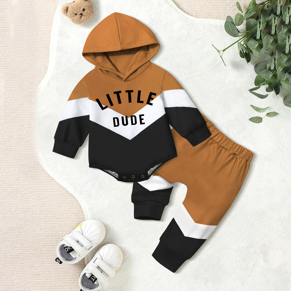 2PCS Little Dude Letter Printed Long Sleeve Hoodie Baby Set