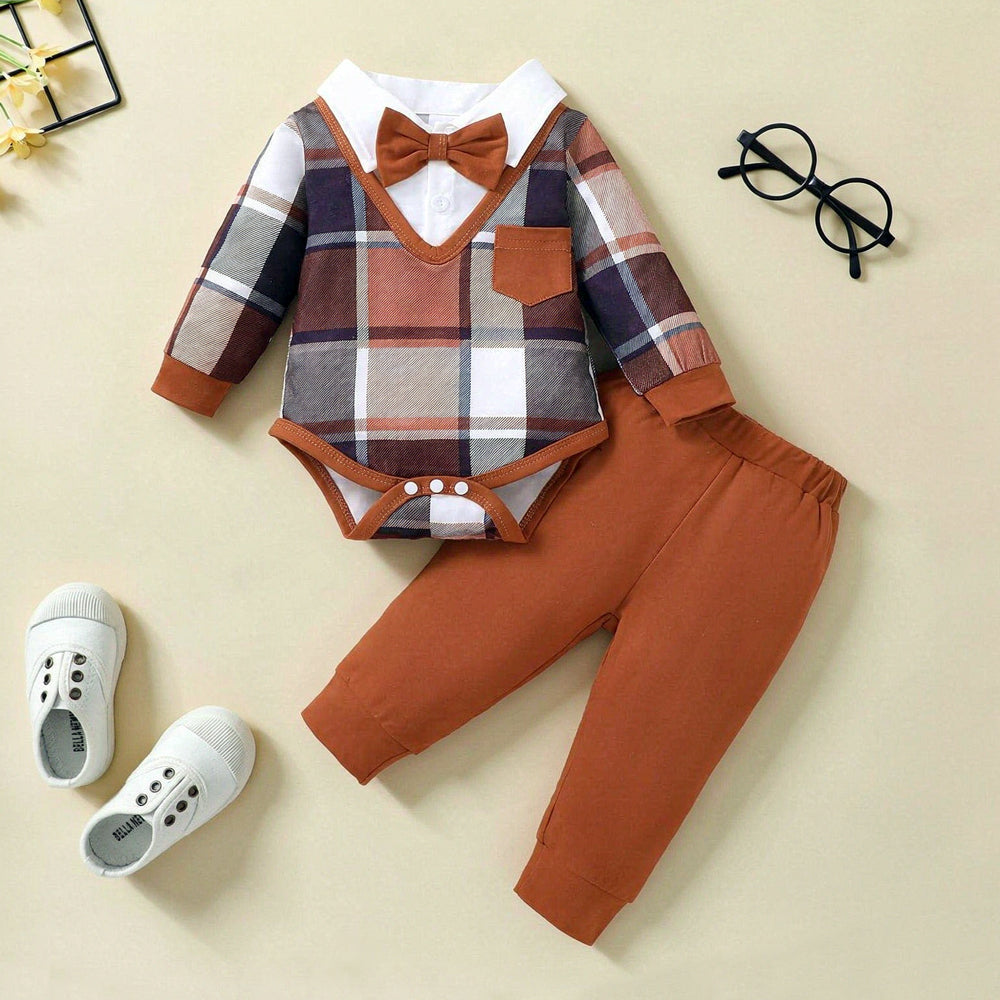 2PCS Classic Plaid Print Bow Tie Long Sleeve Baby Boy Set