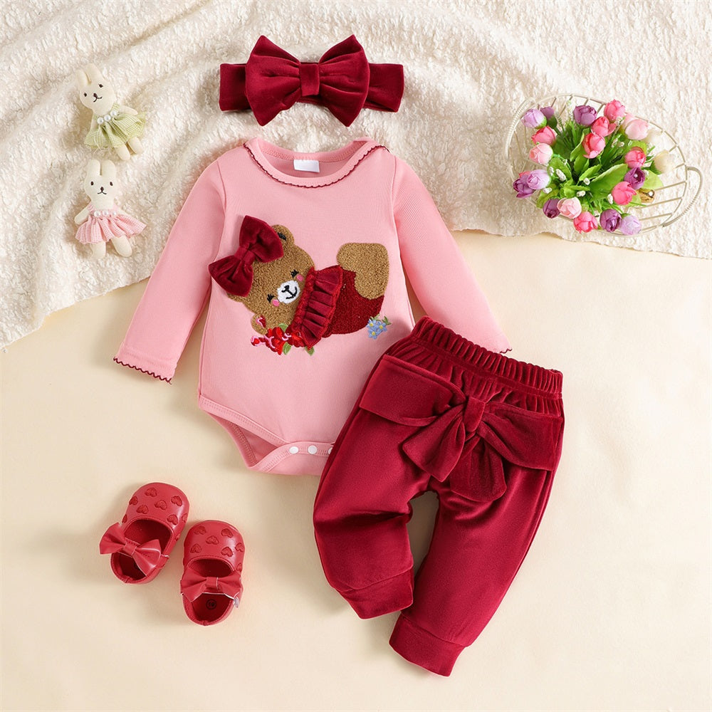 3PCS Cute Bear Embroidery Long Sleeve Baby Girl Set