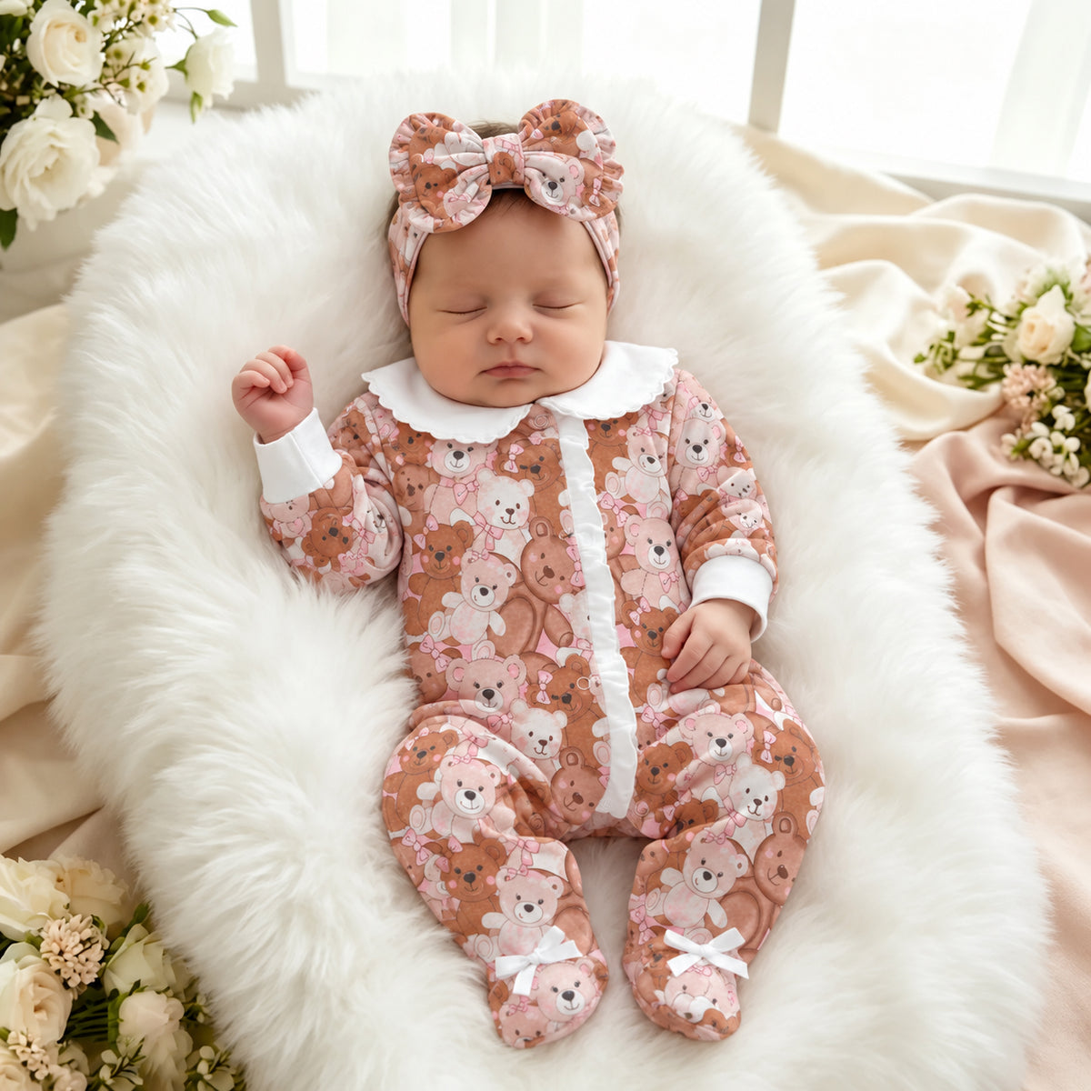2PCS Cute Teddy Bear Print Long Sleeve Baby Girl Jumpsuit