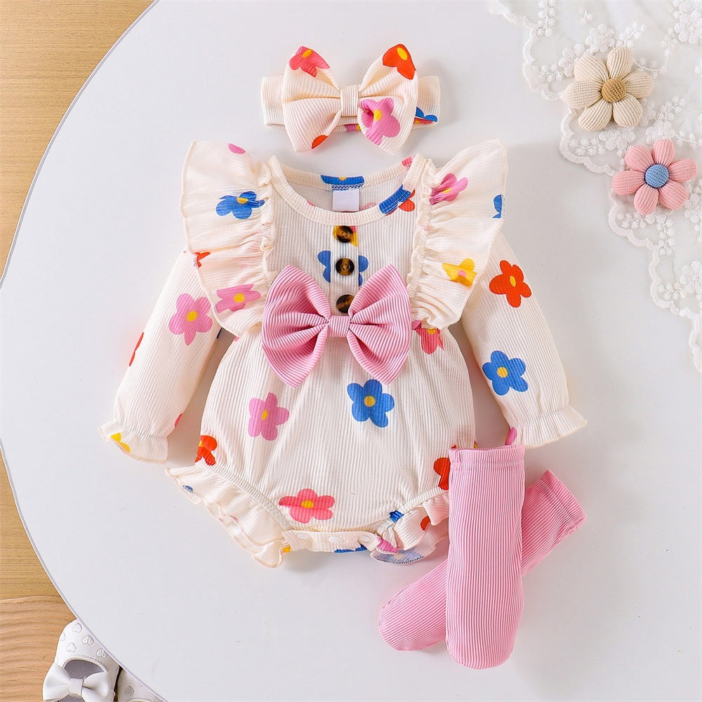 3PCS Refined Floral Printed Bow Baby Girl Romper