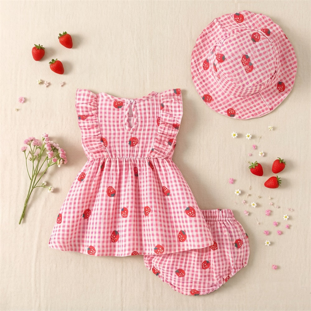 3PCS Summer Sweet Strawberry Printed Plaid Sleeveless Baby Set