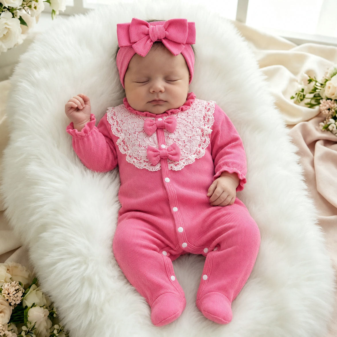2PCS Refined Solid Color Long Sleeve Lace Baby Girl Jumpsuit