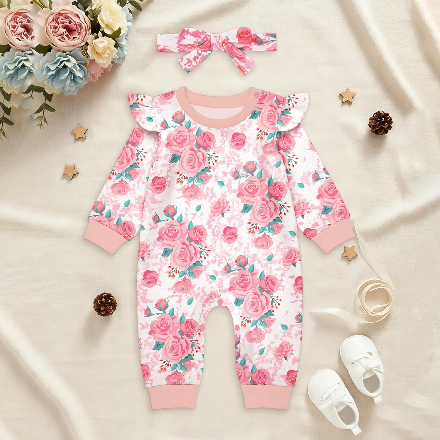 2PCS All Floral Printed Long Sleeve Baby Jumpsuit