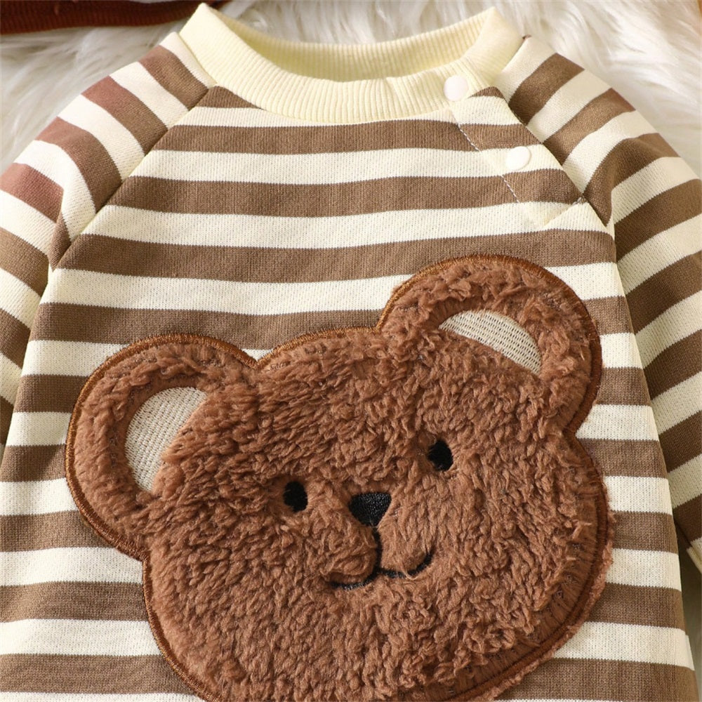 2PCS Cartoon Bear Embroidery striped Long Sleeve Baby Jumpsuit