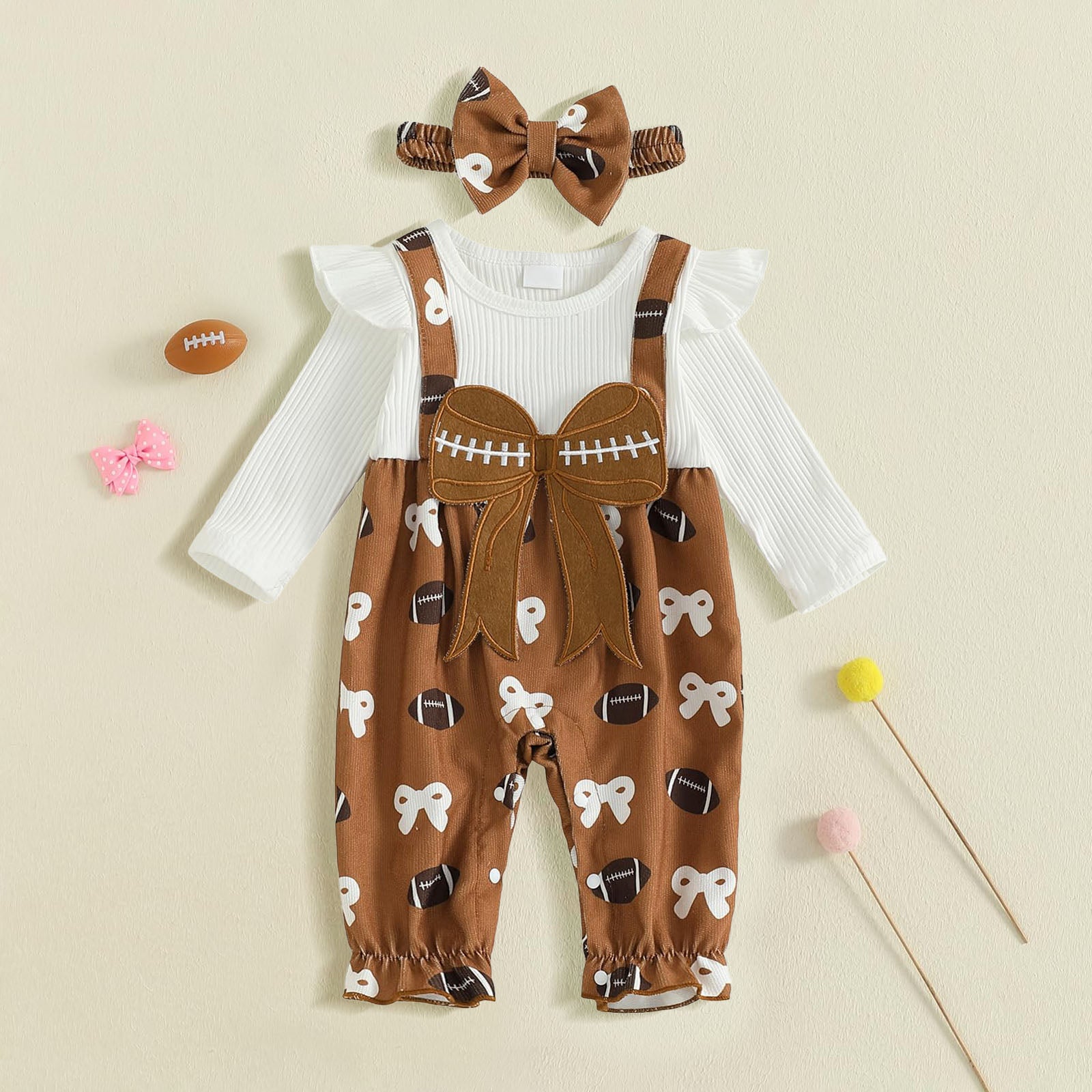 2PCS Baseball Bow Printed Long Sleeve Baby Jumpsuit