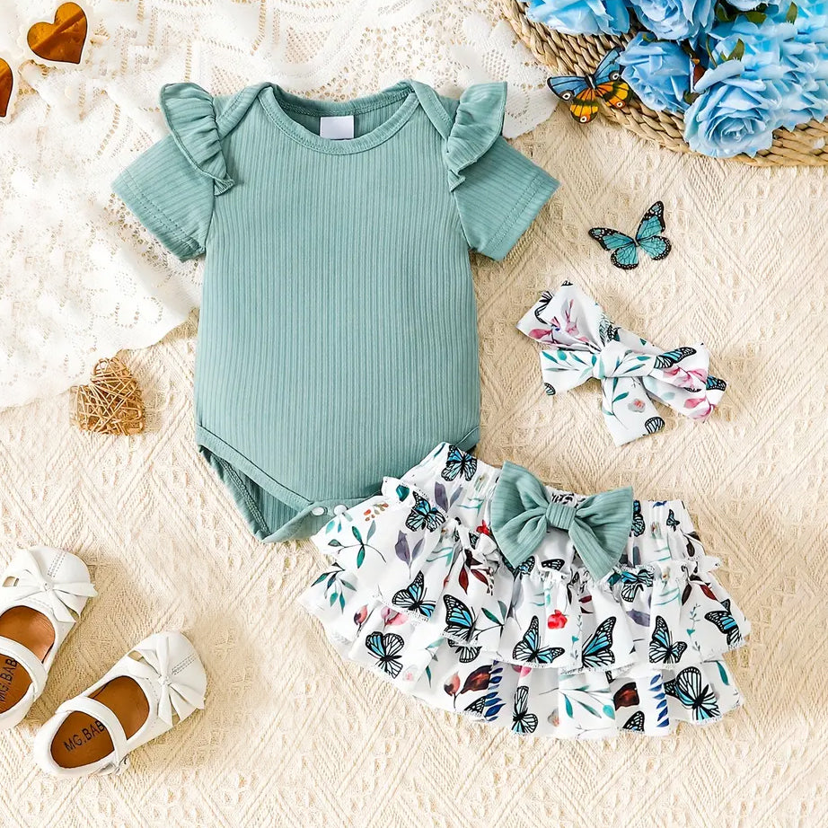 3PCS Cute Butterfly Printed Short Sleeves Baby Set