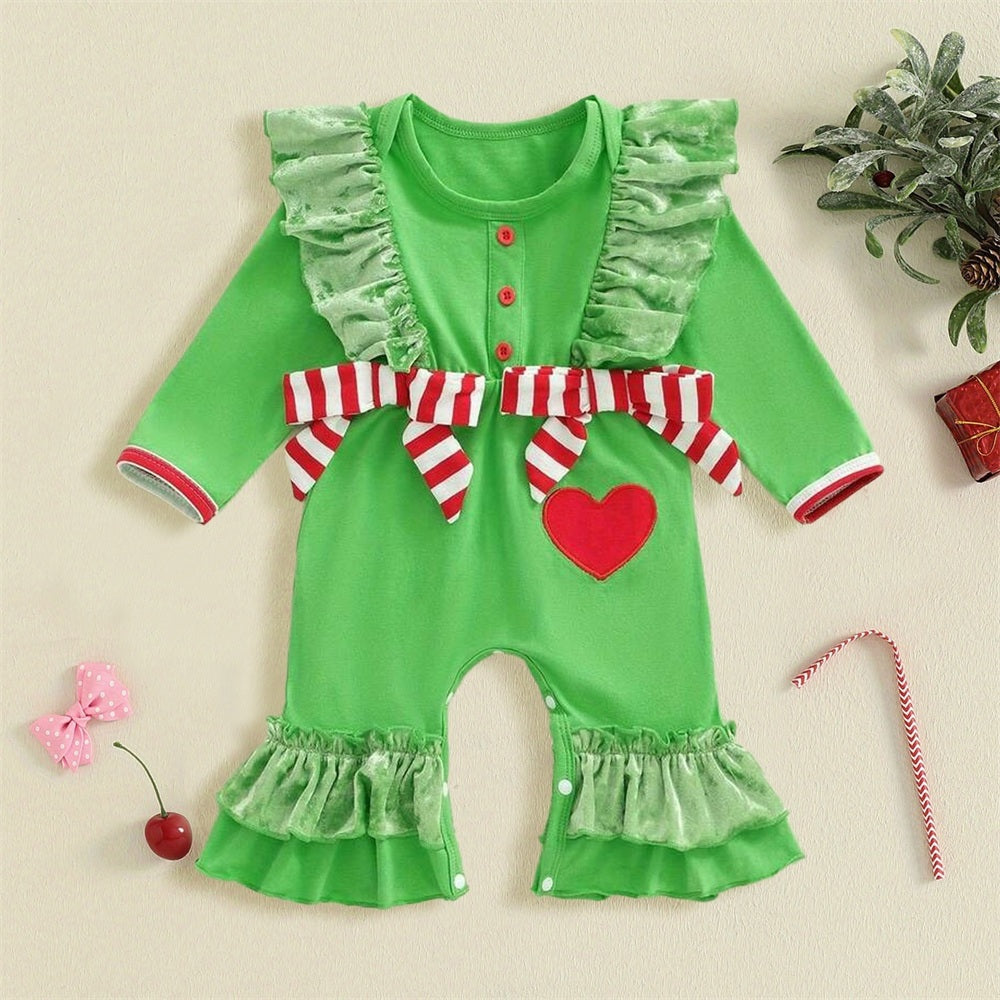 Christmas Heart Stripe Printed Baby Jumpsuit