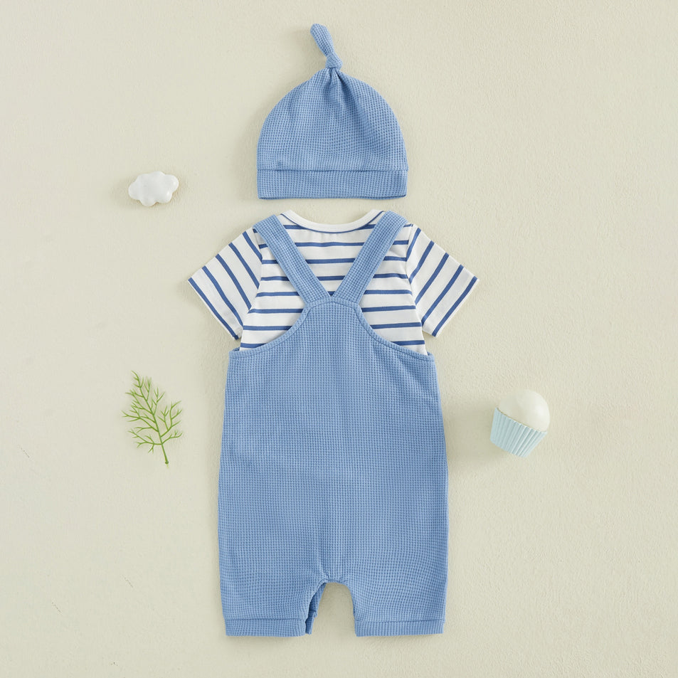3PCS Cozy Mama's Boy Letter Stripe Print Baby Overalls Set
