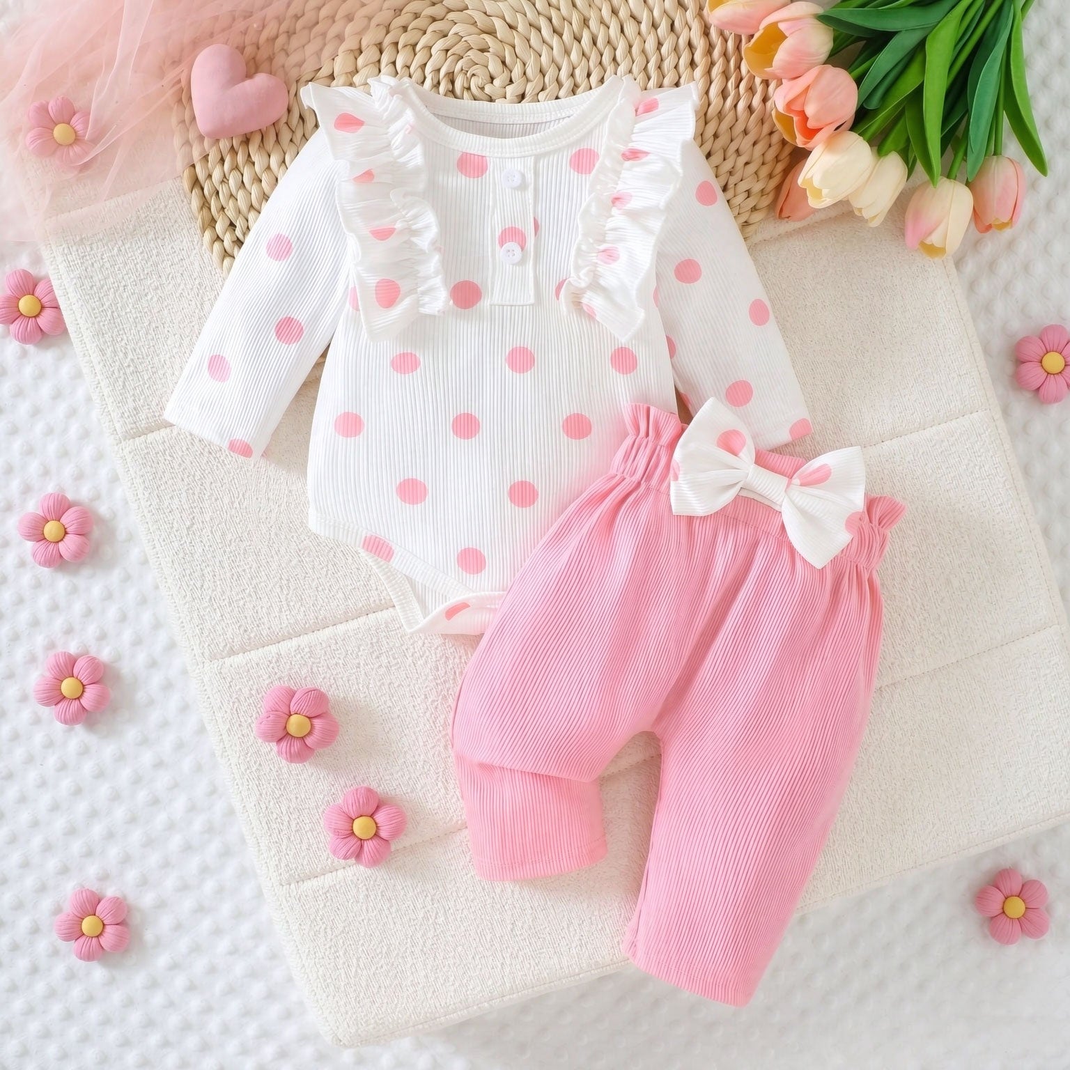2PCS Gorgeous Polka Dots Printed Long Sleeve Baby Set