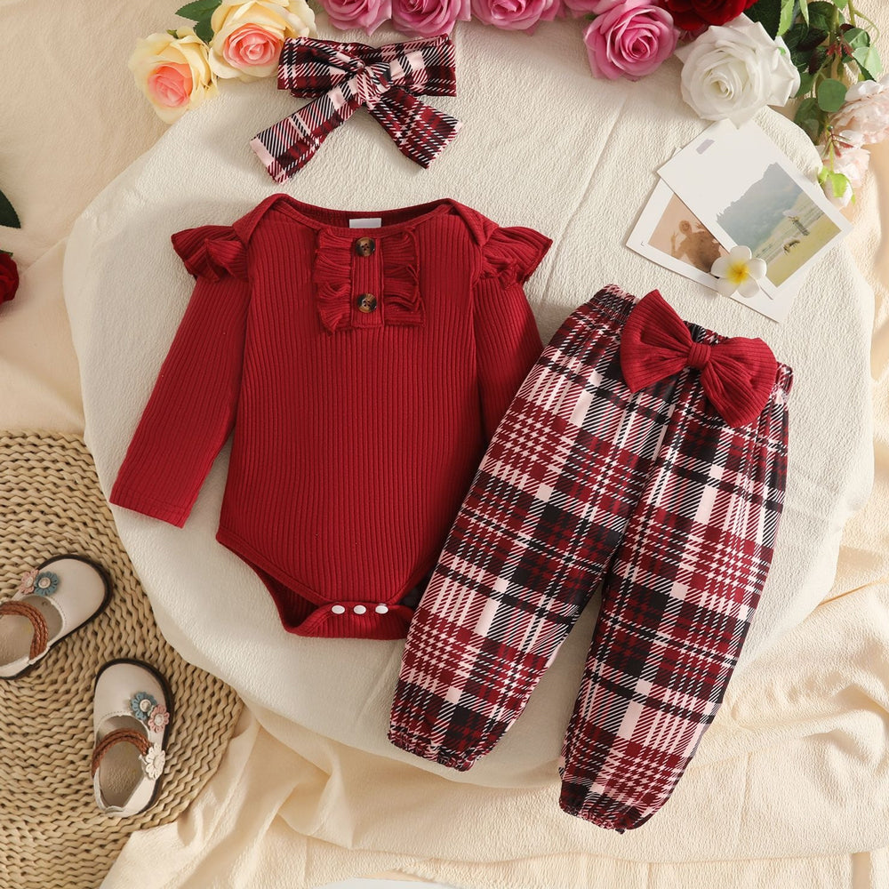 3PCS Endearing Plaid Print Christmas Long Sleeve Baby Girl Set