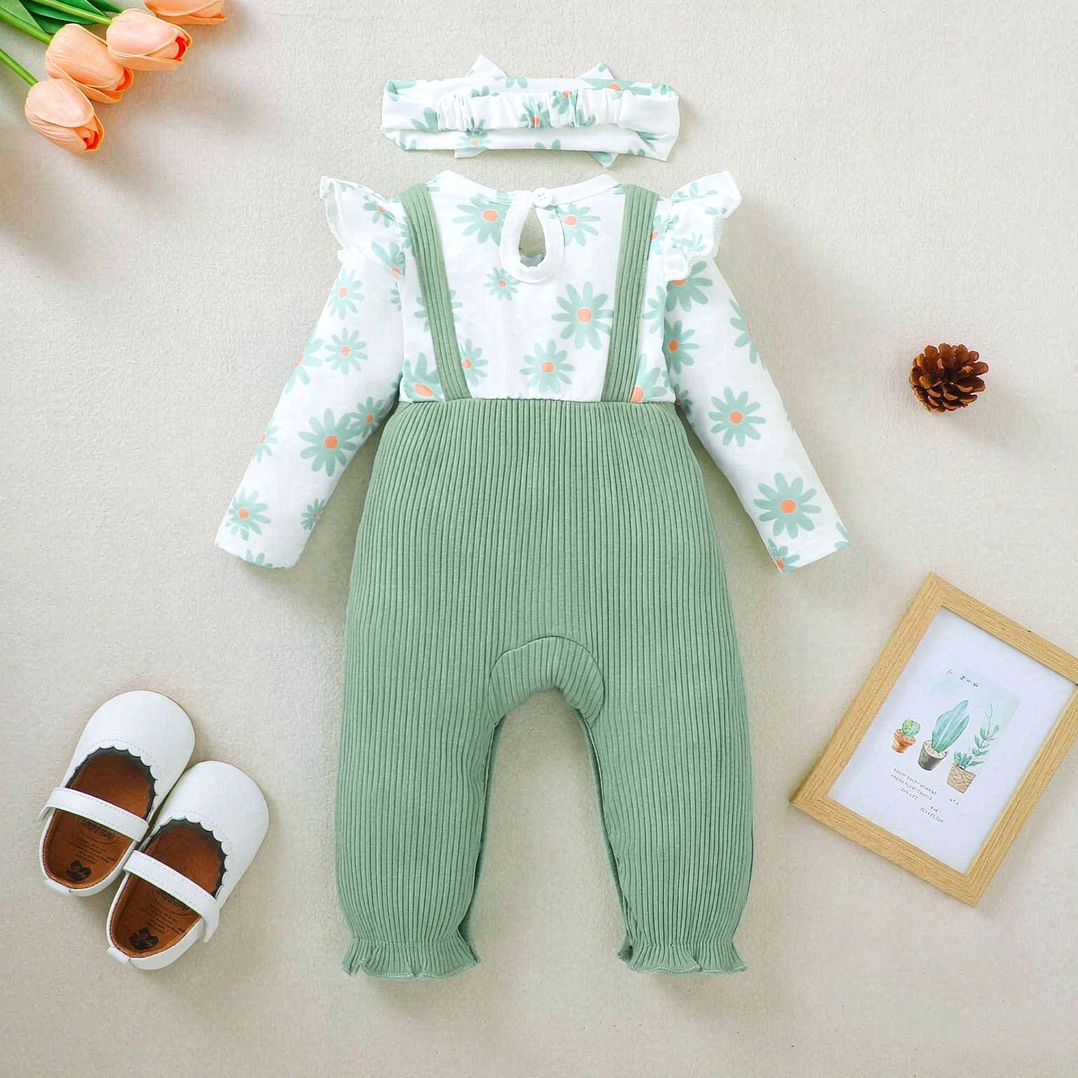 2PCS Fresh Daisy Print Long Sleeve Baby Girl Jumpsuit