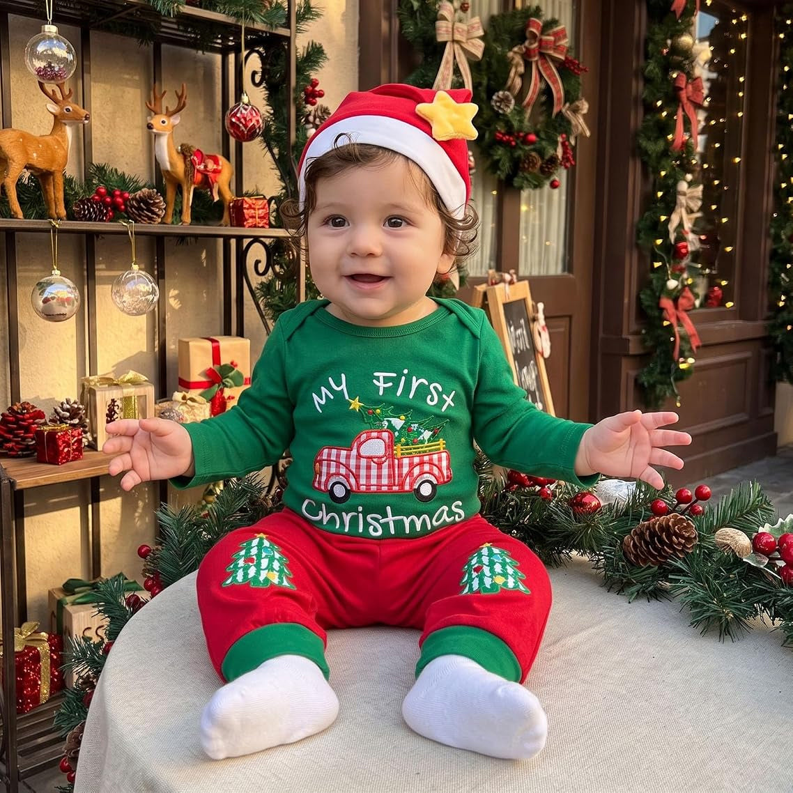3PCS Cute My First Christmas Letter Tractor Tree Embroidered Baby Boy Set