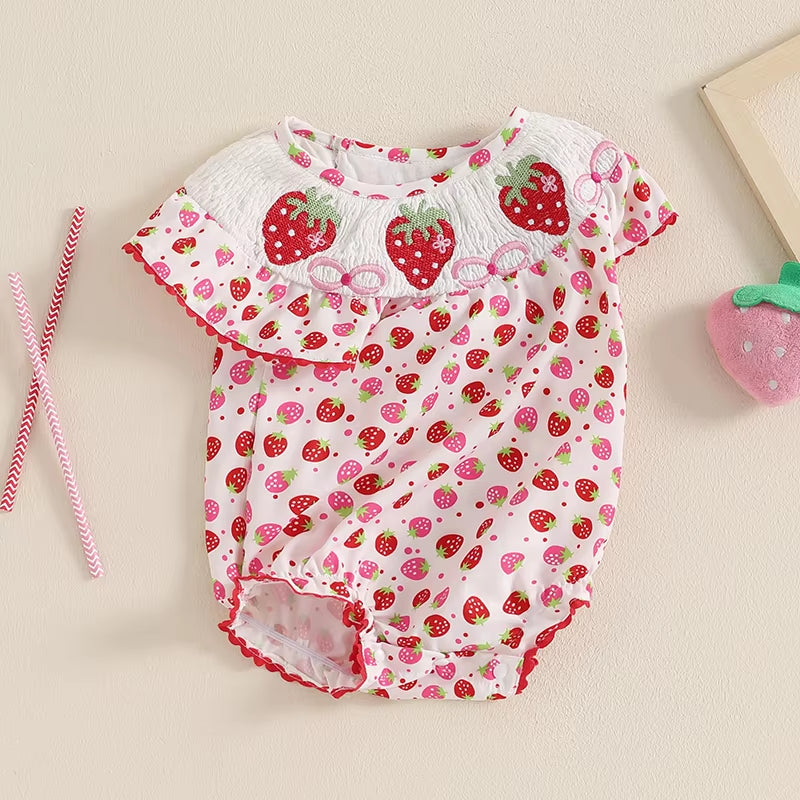 Cute Strawberry Print Embroidery Baby Romper