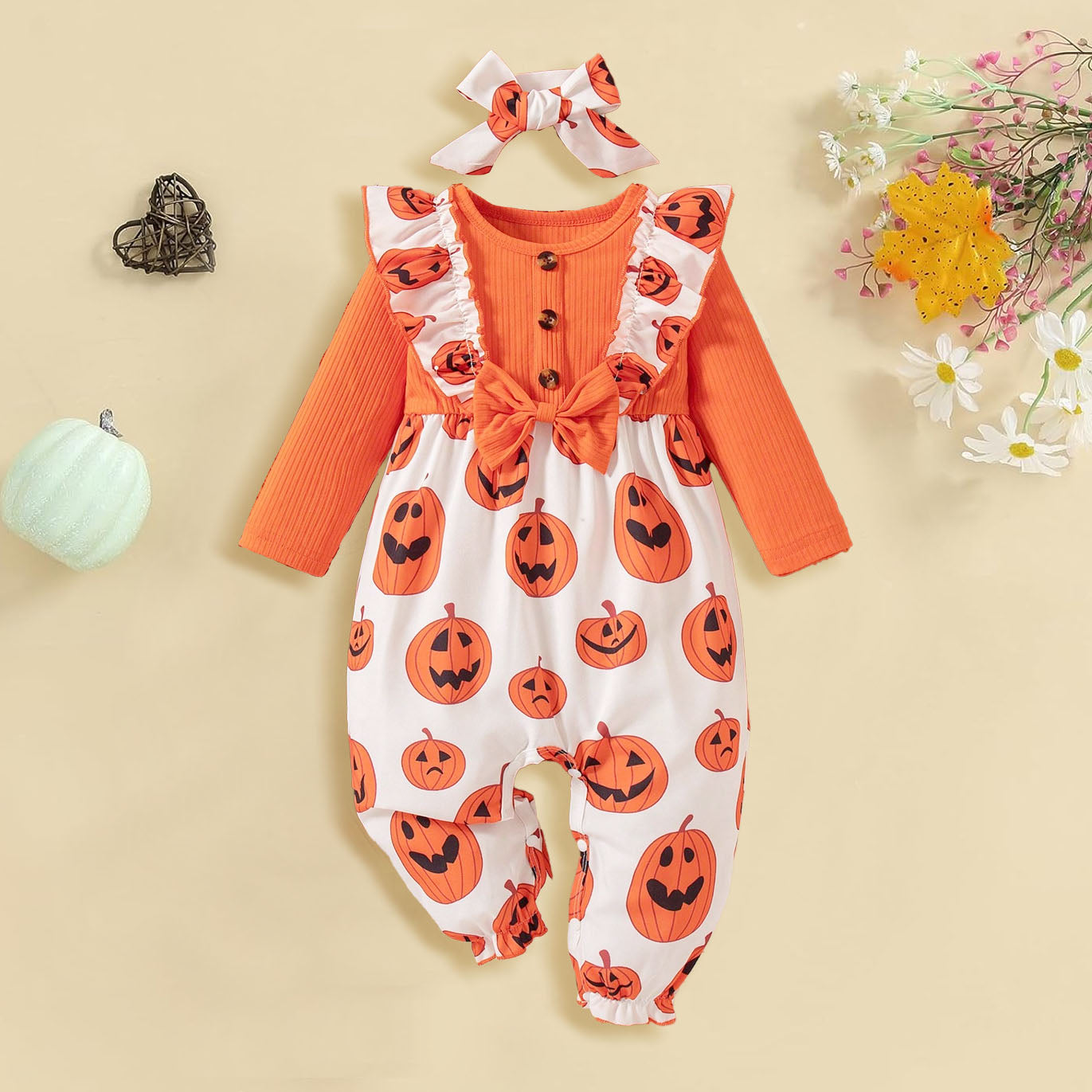 2PCS Cute Pumpkin Printed Bow Long Sleeve Baby Girl Jumpsuit