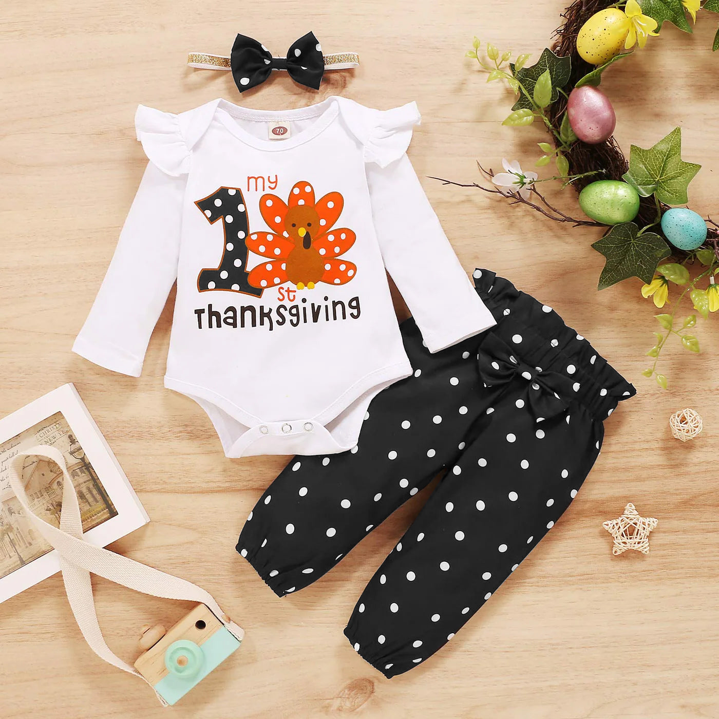 3PCS My First Thanksgiving Letter Printed Long Sleeve Baby Set