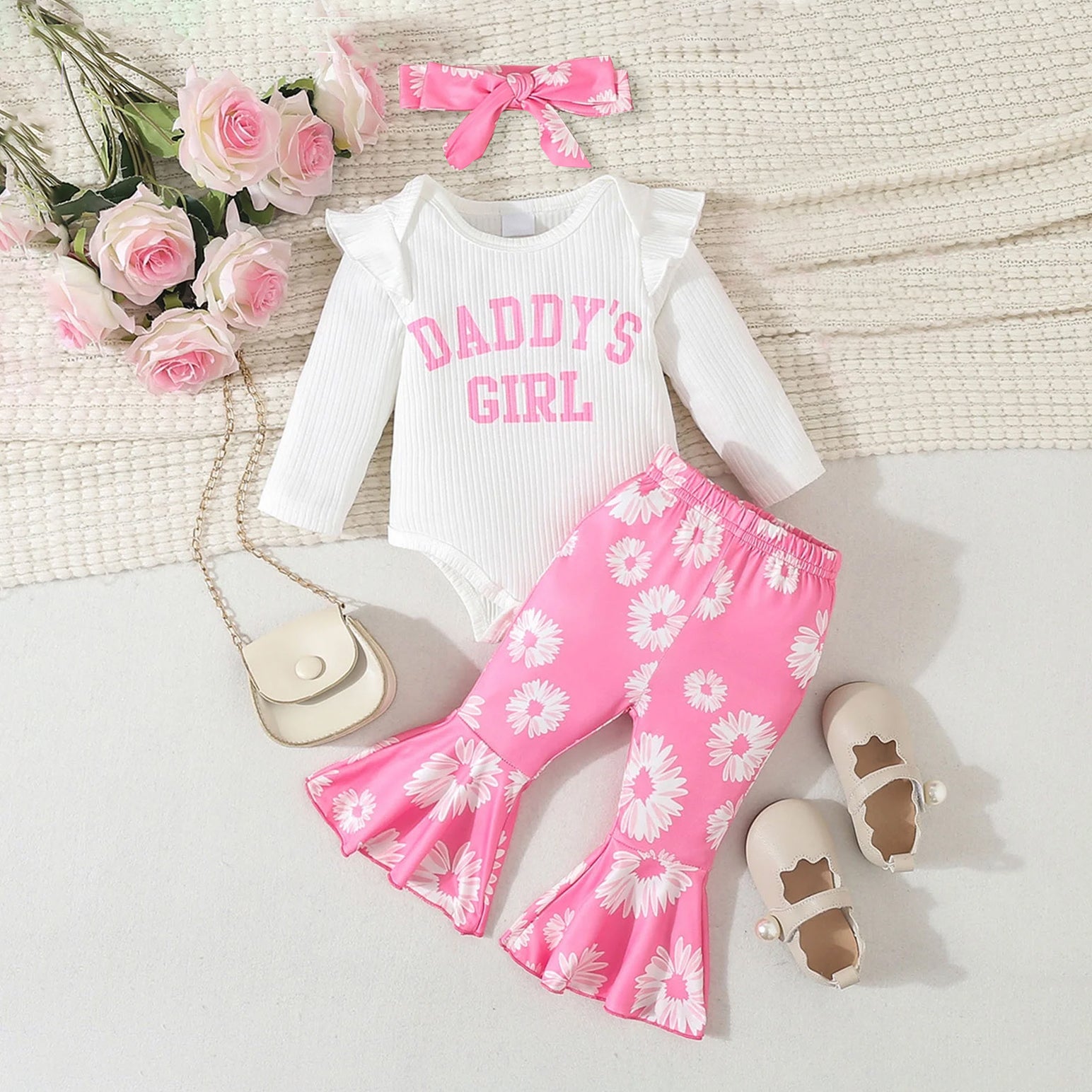 3PCS Charming Daddy's Girl Letter Floral Print Baby Set
