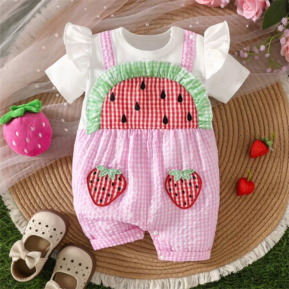 Summer Cute Strawberry Printed Ruffled Short Sleeve Baby Jumpsuit