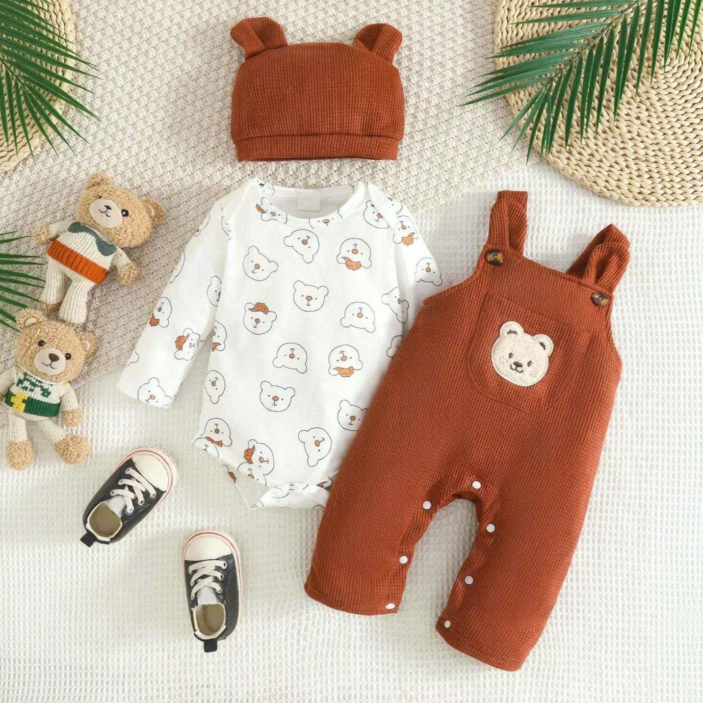 3PCS Cute All-Over Bear Printed Long Sleeve Baby Overalls Set