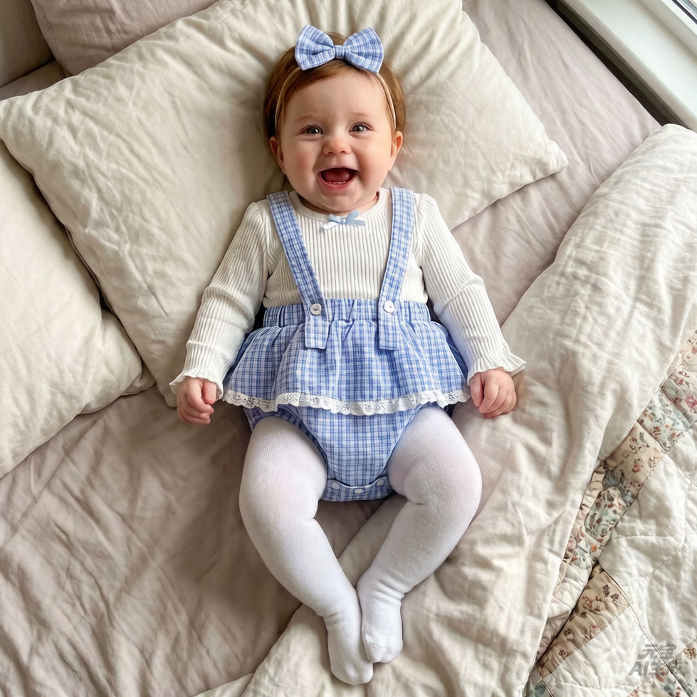 2PCS Stylish Plaid Print Eyelet Lace Long Sleeve Baby Romper