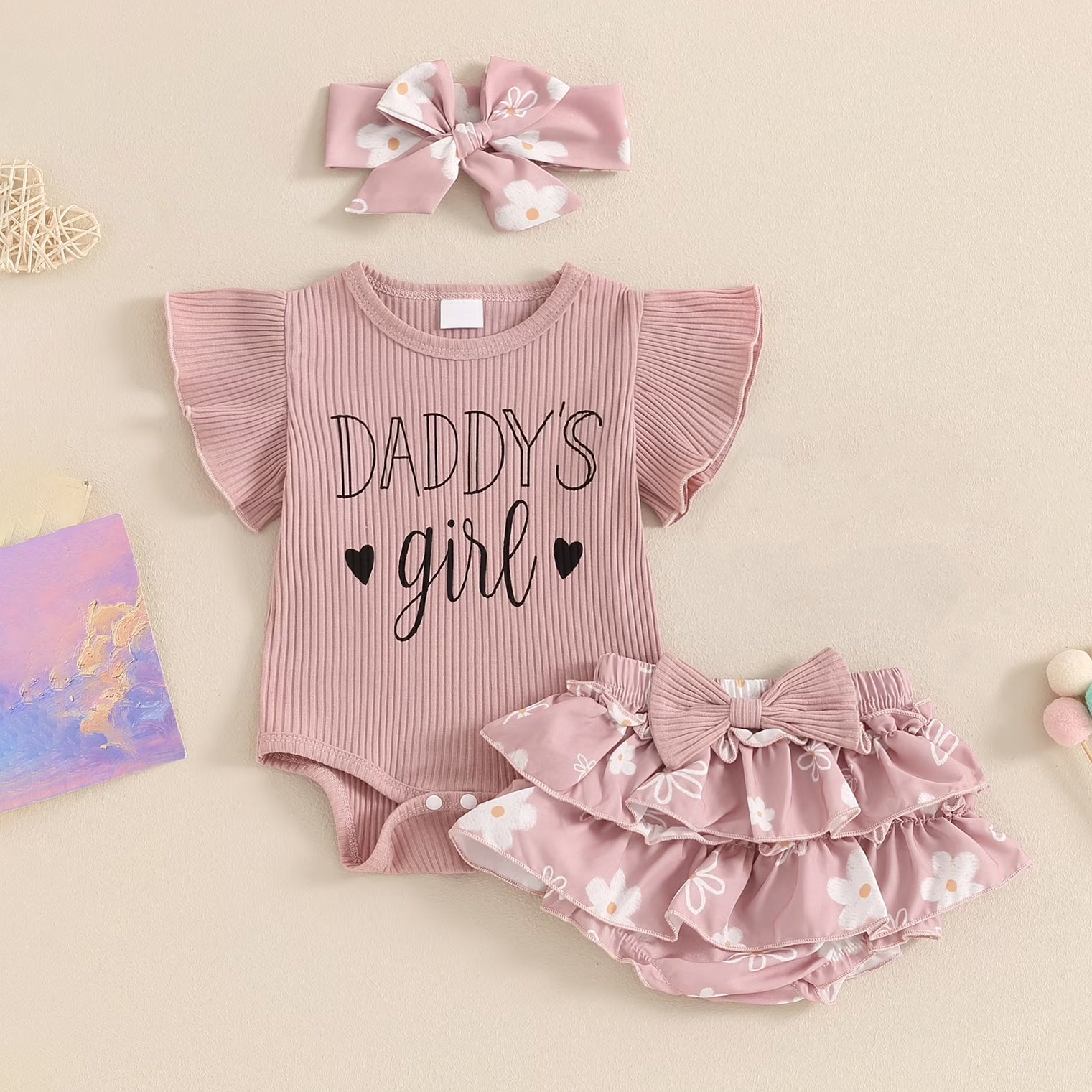 3PCS Daddy's Girl Letter Floral Printed Flounce Sleeve Baby Set
