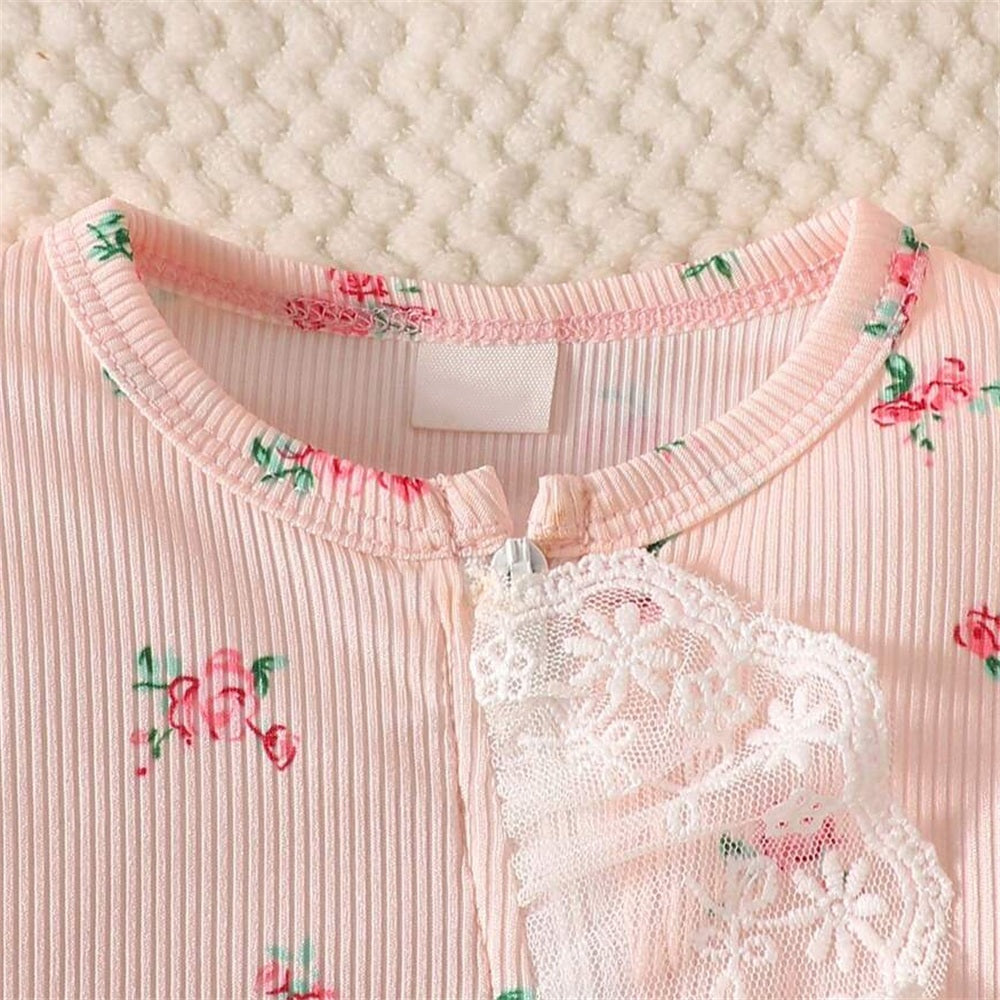 2PCS Delightful Floral Printed Ruffle Zipper Baby Jumpsuit