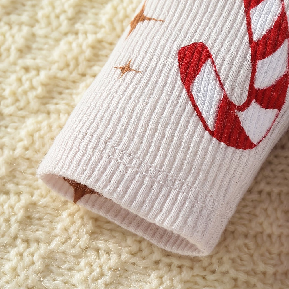 2PCS Gingerbread Candy Cane Print Long Sleeve Baby Zipper Jumpsuit